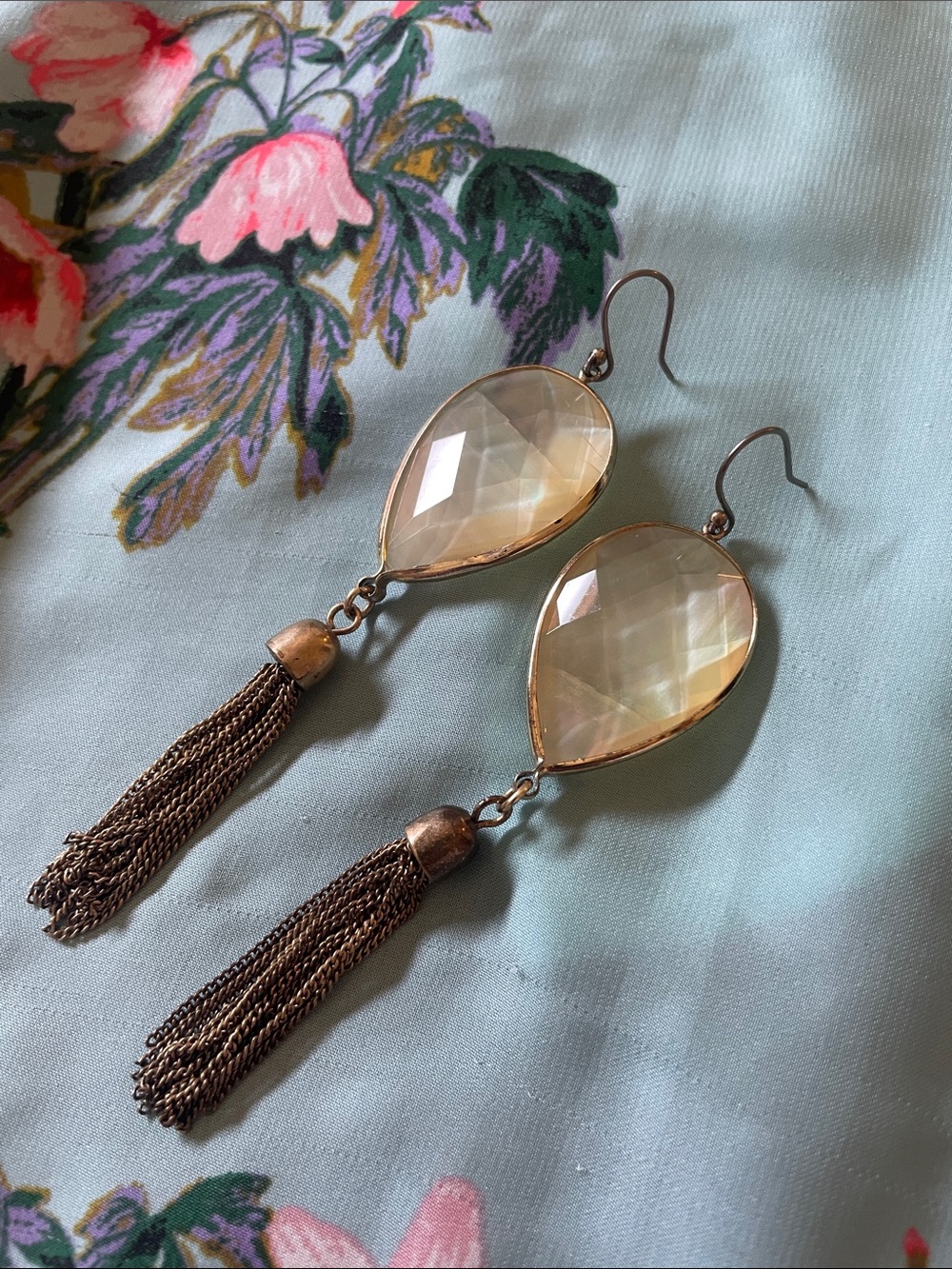 Lucky Brand Gold-Tone Teardrop Tassel Earrings with Cream Faceted Stone